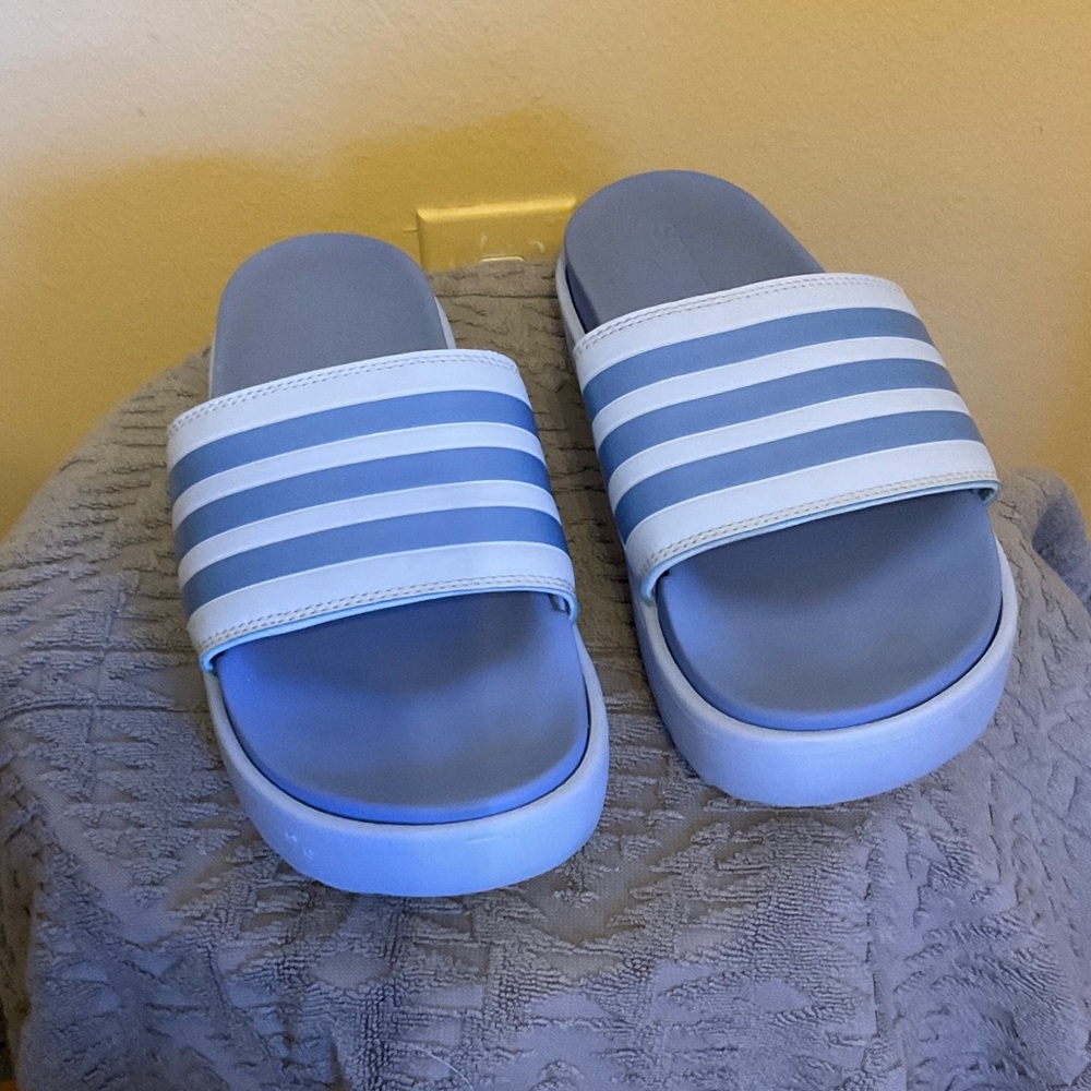 adidas Light Blue and White Slide Sandals